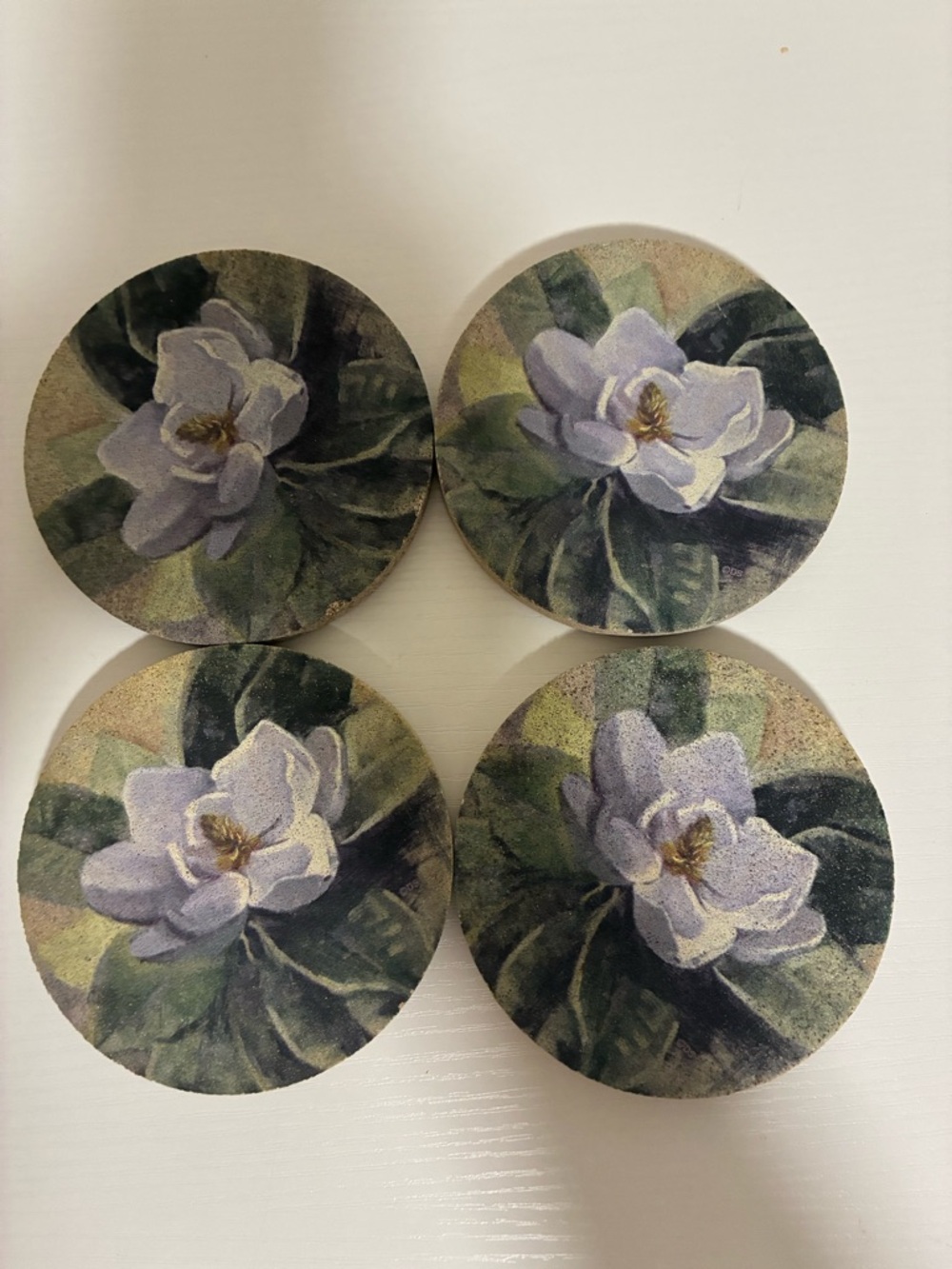 VTG Set of 4 Floral Round Coasters with White Magnolia Design